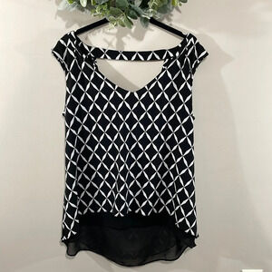 WHBM Black and White Sleeveless V-Neck Draped Keyhole Back Layered Blouse M